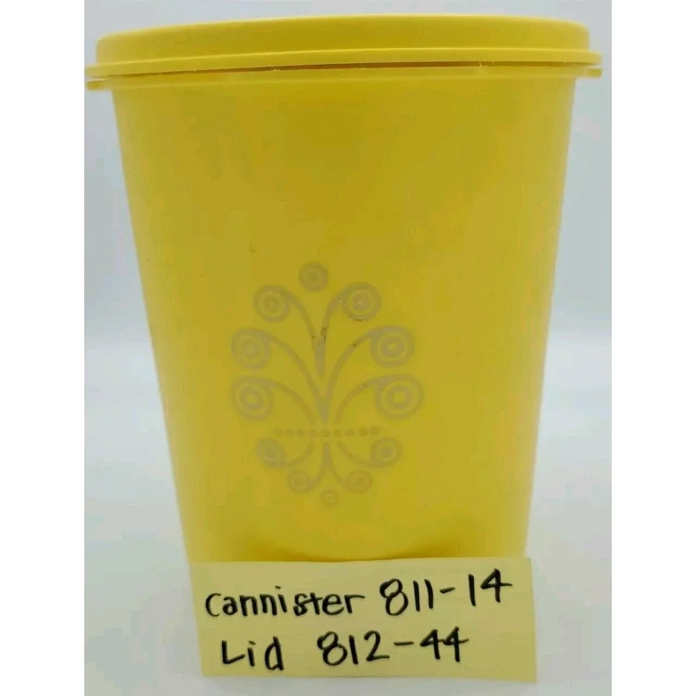 Tupperware Vtg MCM Yellow Servalier Canister #811-14 & Press On‎ Lid 812-44  6